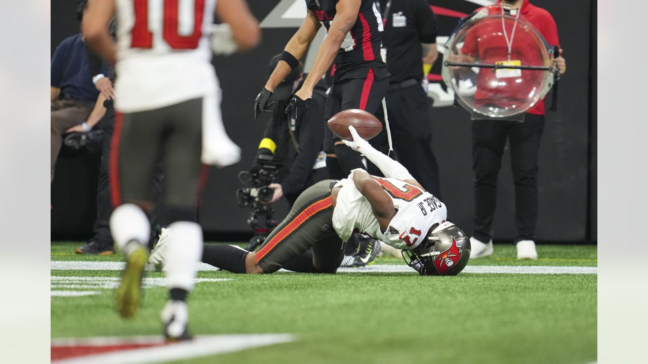 Tampa Bay Buccaneers wide receiver Russell Gage (17) catches a pass for a  touchdown as Atlanta Falcons cornerback A.J. Terrell (24) defends during  the first half of an NFL football game, Sunday