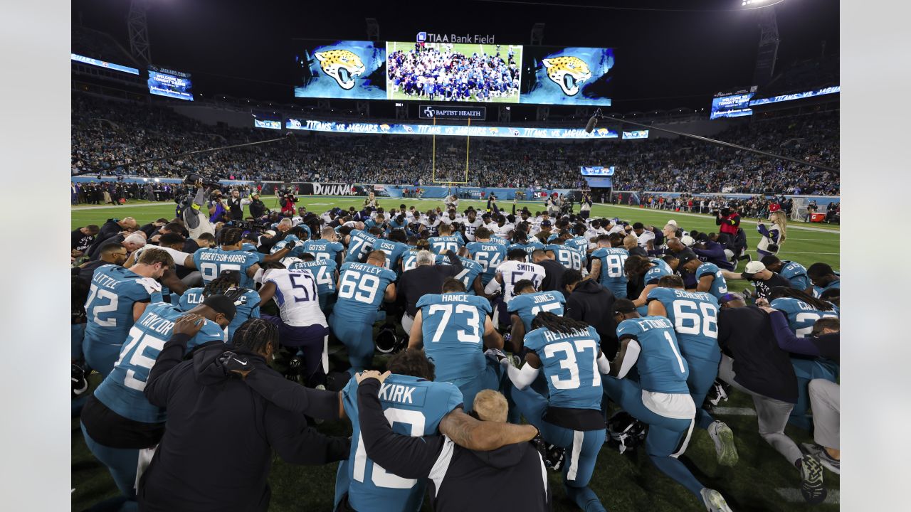 Bleacher Report on X: Jaguars and Titans share a moment together pregame  in honor of Damar Hamlin  / X