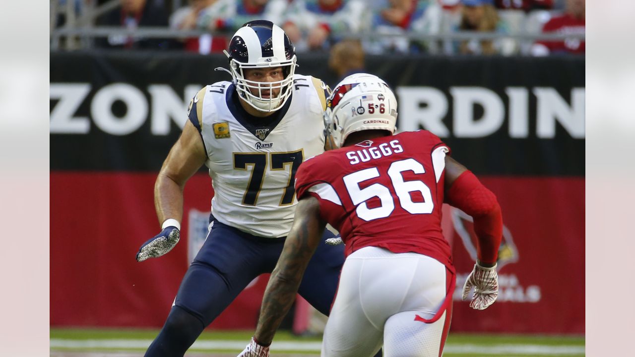 Los Angeles Rams offensive tackle Andrew Whitworth (77) walks back