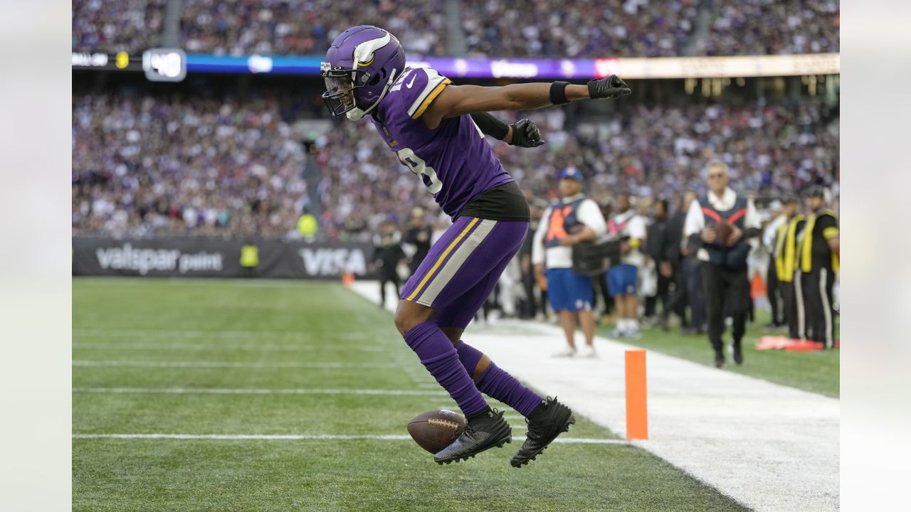 Minnesota Vikings wide receiver Justin Jefferson (18) walks into to score a  touchdown in the fourth quarter of an NFL match between Minnesota Vikings  and New Orleans Saints at the Tottenham Hotspur