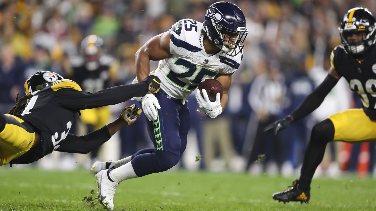 Seattle Seahawks running back Travis Homer is pictured before an