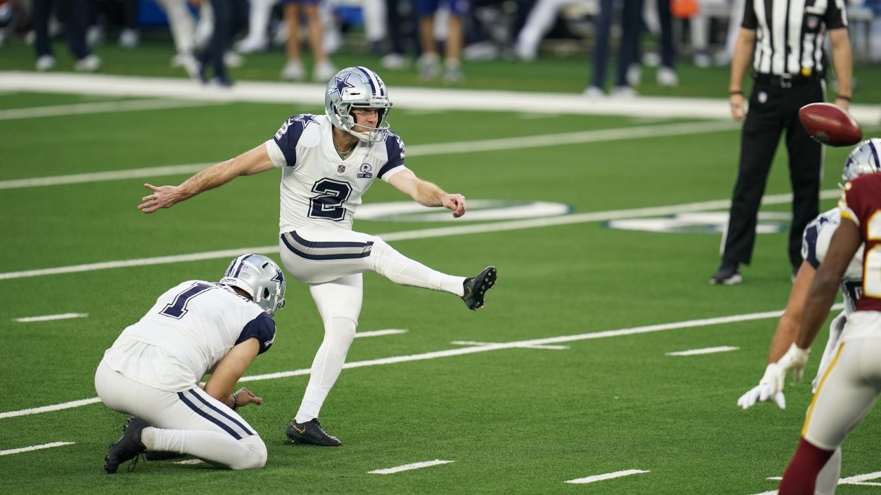 Dallas Cowboys kicker Nick Folk kicks the ball during warm ups