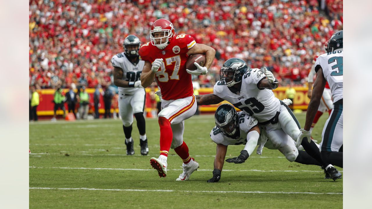 Philadelphia Eagles' Zach Ertz runs after a catch for a touchdown during  the first half of an NFL football game against the Chicago Bears, Sunday,  Nov. 3, 2019, in Philadelphia. (AP Photo/Matt