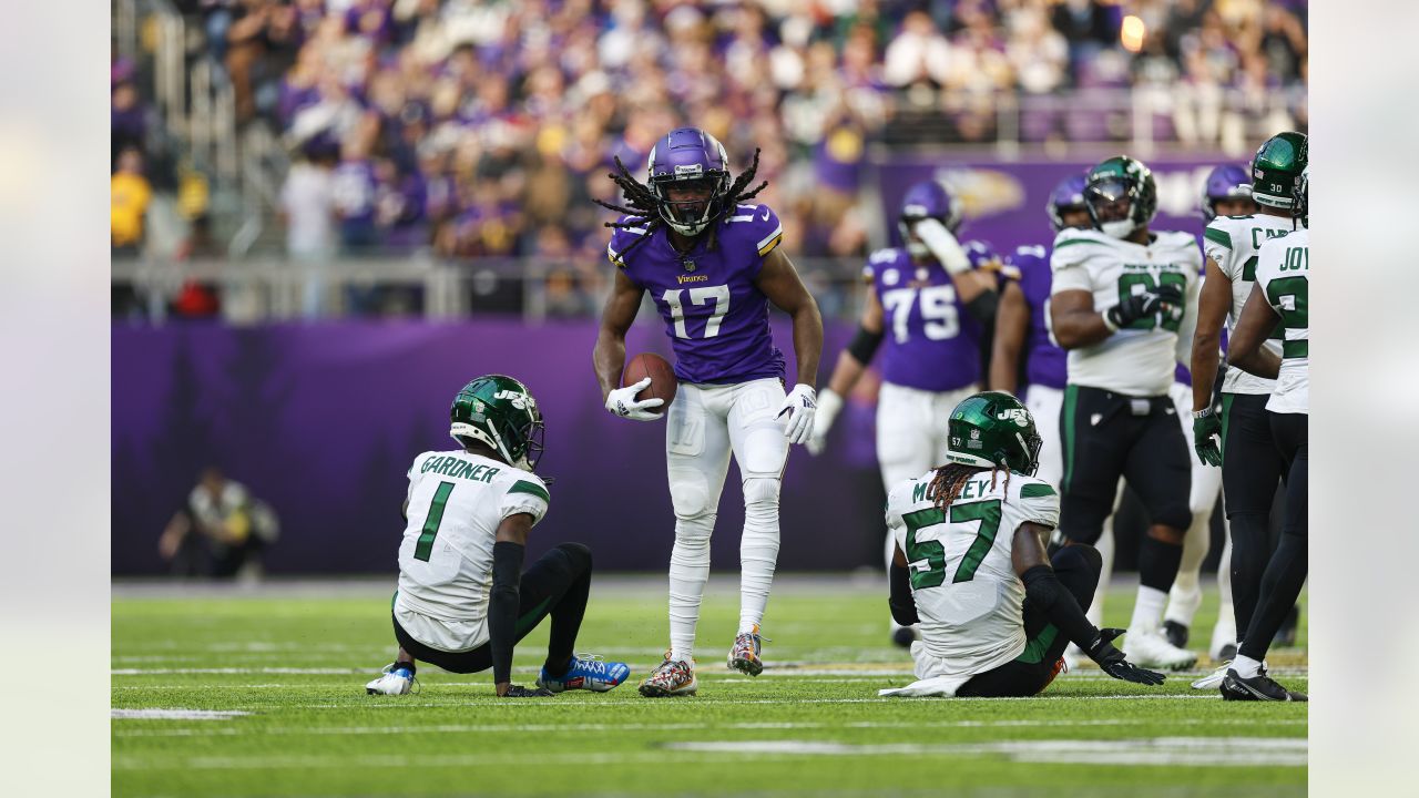 Minnesota Vikings wide receiver K.J. Osborn (17) in action against New York  Jets cornerback Sauce Gardner (1) during the second half of an NFL football  game Sunday, Dec. 4, 2022 in Minneapolis. (