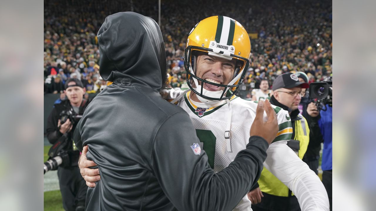 Green Bay Packers place kicker Mason Crosby (2) greets his