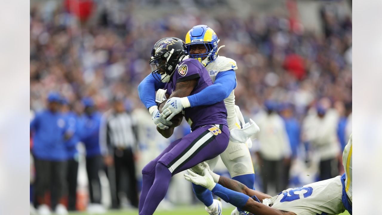 BALTIMORE, MD - JANUARY 02: Los Angeles Rams wide receiver Odell Beckham  Jr. (3) warms up prior to the Los Angeles Rams game versus the Baltimore  Ravens on January 2, 2022 at