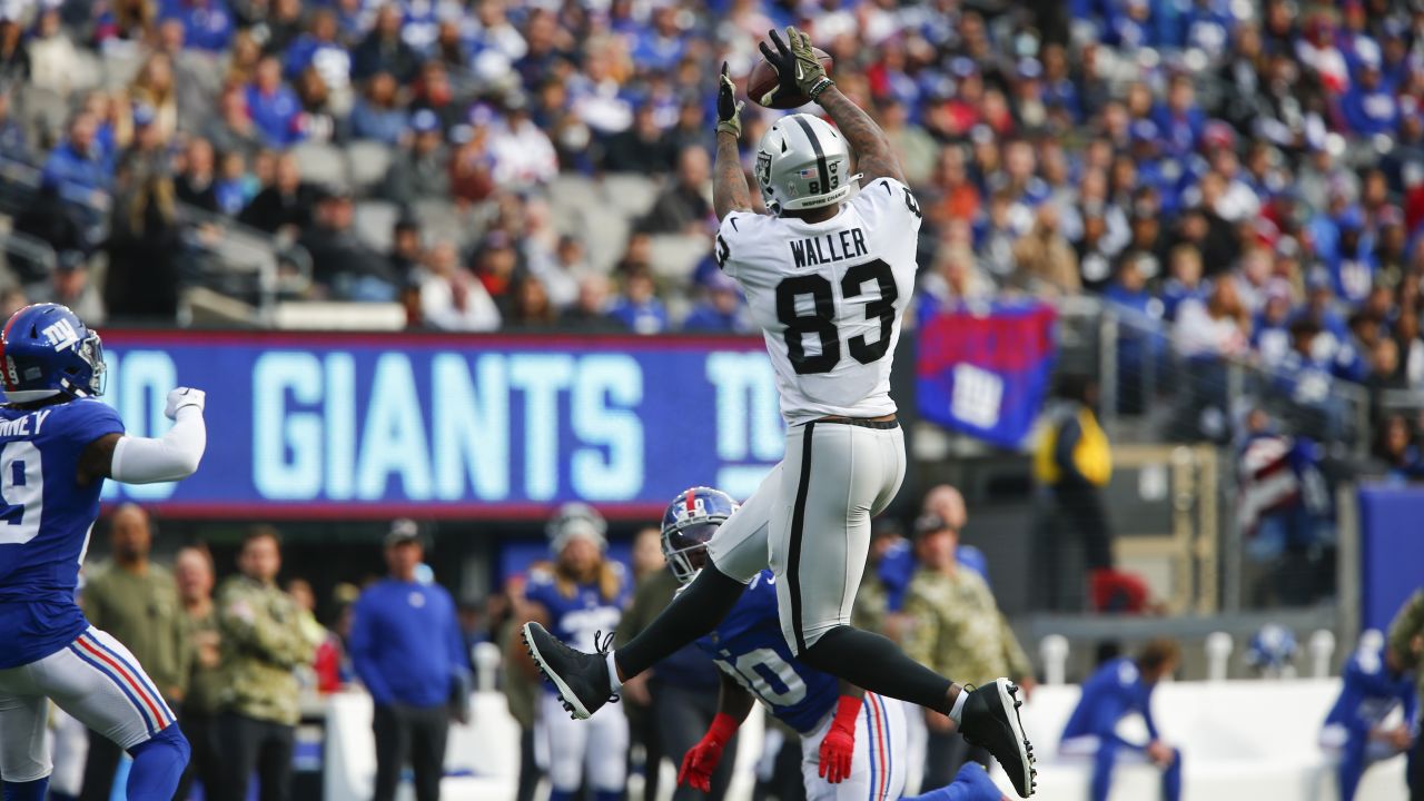 Las Vegas Raiders' Tyree Gillespie (37) tackles New York Giants' Pharoh  Cooper (83) during the …