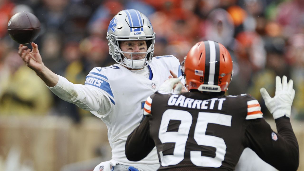 AFC defensive end Myles Garrett (95), of the Cleveland Browns, sacks NFC  quarterback Russell Wilson (3), of the Seattle Seahawks, during the first  half of the NFL Pro Bowl football game Sunday