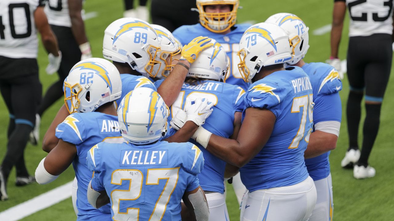 Los Angeles Chargers wide receiver Tyron Johnson (83) working out on the  field before an NFL football game against the Jacksonville Jaguars, Sunday,  October 25, 2020 in Inglewood, Calif. The Chargers defeated