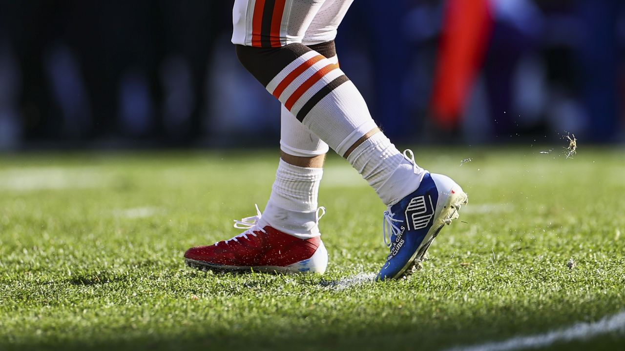 A detailed view of the Nike football cleats worn by Joe Burrow of