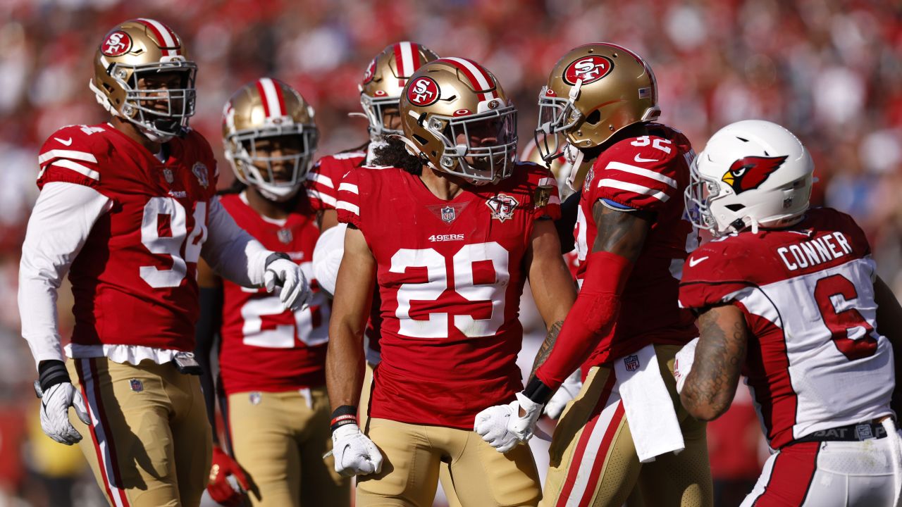 November 07, 2021: Arizona Cardinals running back Eno Benjamin (26) is  tackled, during a NFL football game between the Arizona Cardinals and the  San Francisco 49ers at the Levi's Stadium in Santa