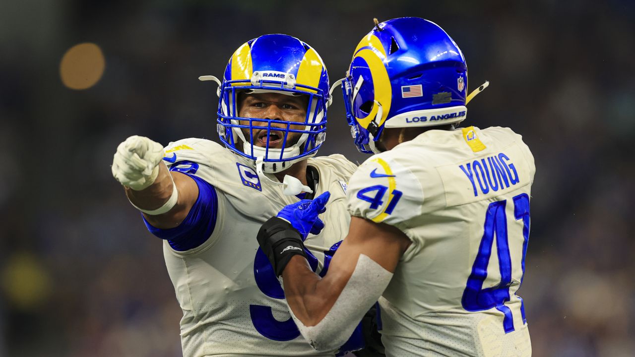 INDIANAPOLIS, IN - SEPTEMBER 19: A Los Angeles Rams helmet sits on