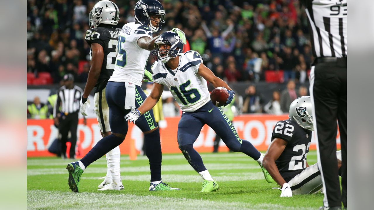 London, UK. 14 October 2018. Quarterback Russell Wilson (3) of Seattle in  possession. Seattle Seahawks at Oakland Raiders NFL game at Wembley  Stadium, the first of the NFL London 2018 games. Final