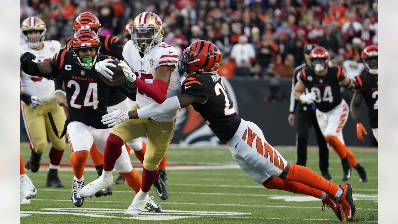 Los Angeles Rams wide receiver Allen Robinson II (1) runs with the ball  past Carolina Panthers linebacker Damien Wilson (57) during an NFL football  game Sunday, Oct. 16, 2022, in Inglewood, Calif. (