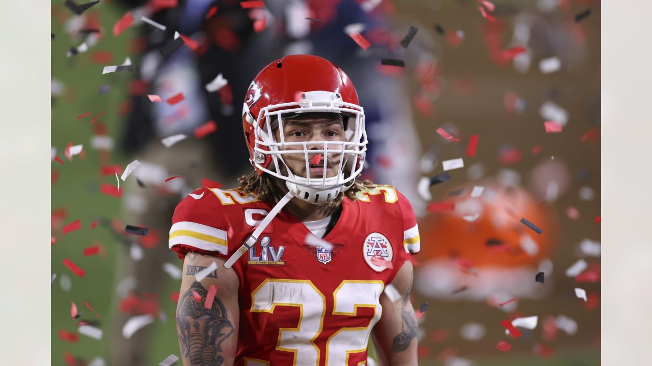 Kansas City Chiefs strong safety Tyrann Mathieu (32) runs off the field at  halftime of the NFL Super Bowl 54 football game between the San Francisco  49ers and Kansas City Chiefs Sunday