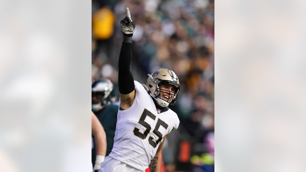 New Orleans Saints linebacker Kaden Elliss (55) reacts after a