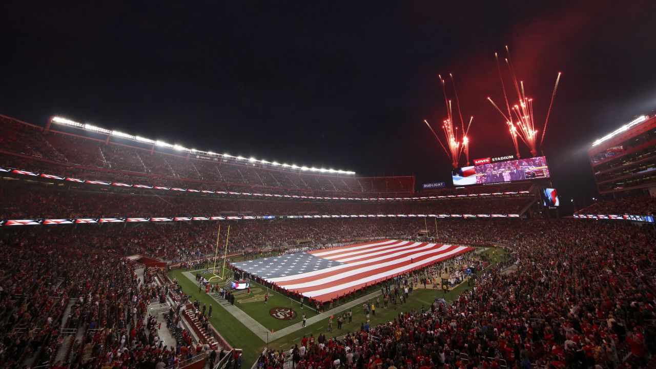 A general view of Lambeau Field as the National anthem is played