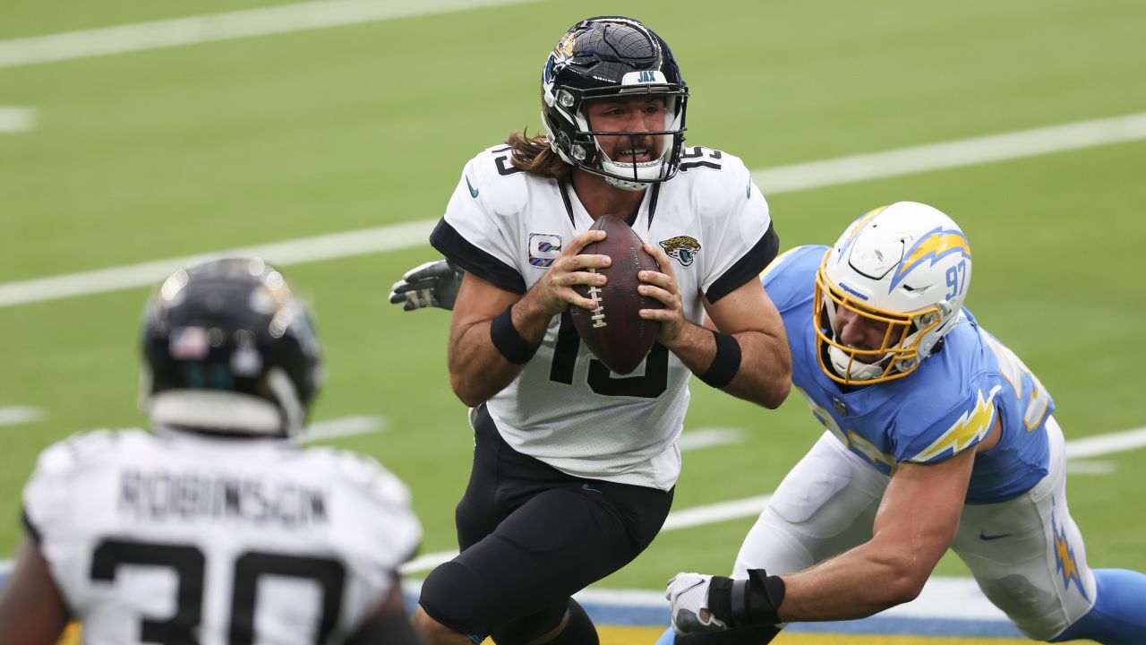 Los Angeles Chargers wide receiver Tyron Johnson (83) working out on the  field before an NFL football game against the Jacksonville Jaguars, Sunday,  October 25, 2020 in Inglewood, Calif. The Chargers defeated