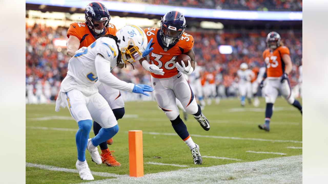 Denver Broncos running back Tyler Badie (36) celebrates a