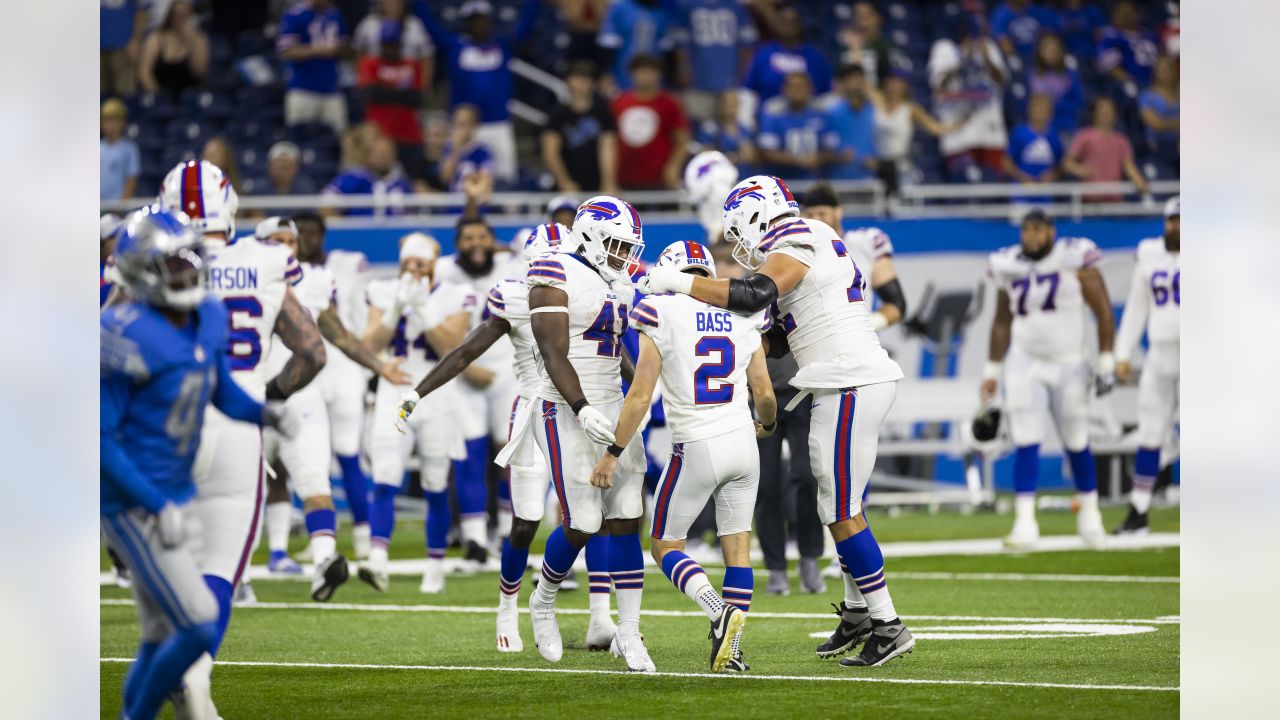 Buffalo Bills kicker Tyler Bass warms up before a preseason NFL