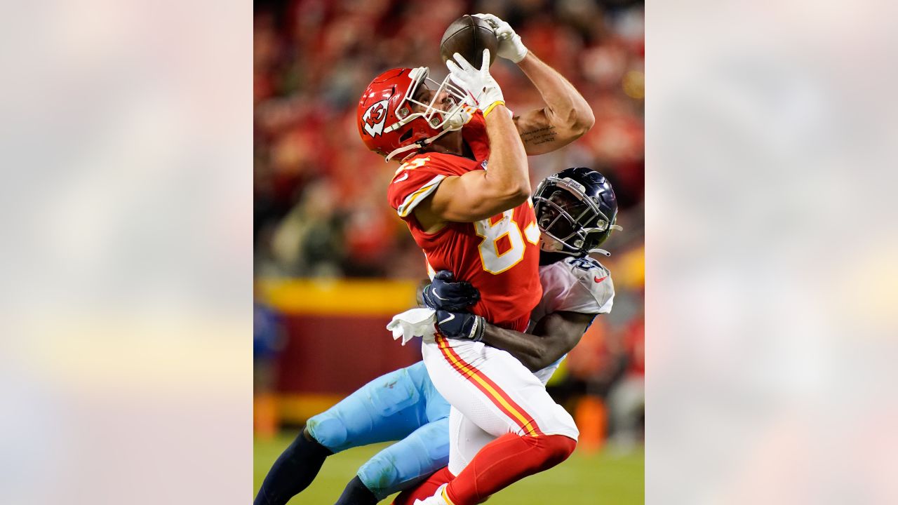 Kansas City Chiefs tight end Noah Gray (83) celebrates after scoring a  touchdown against the La …