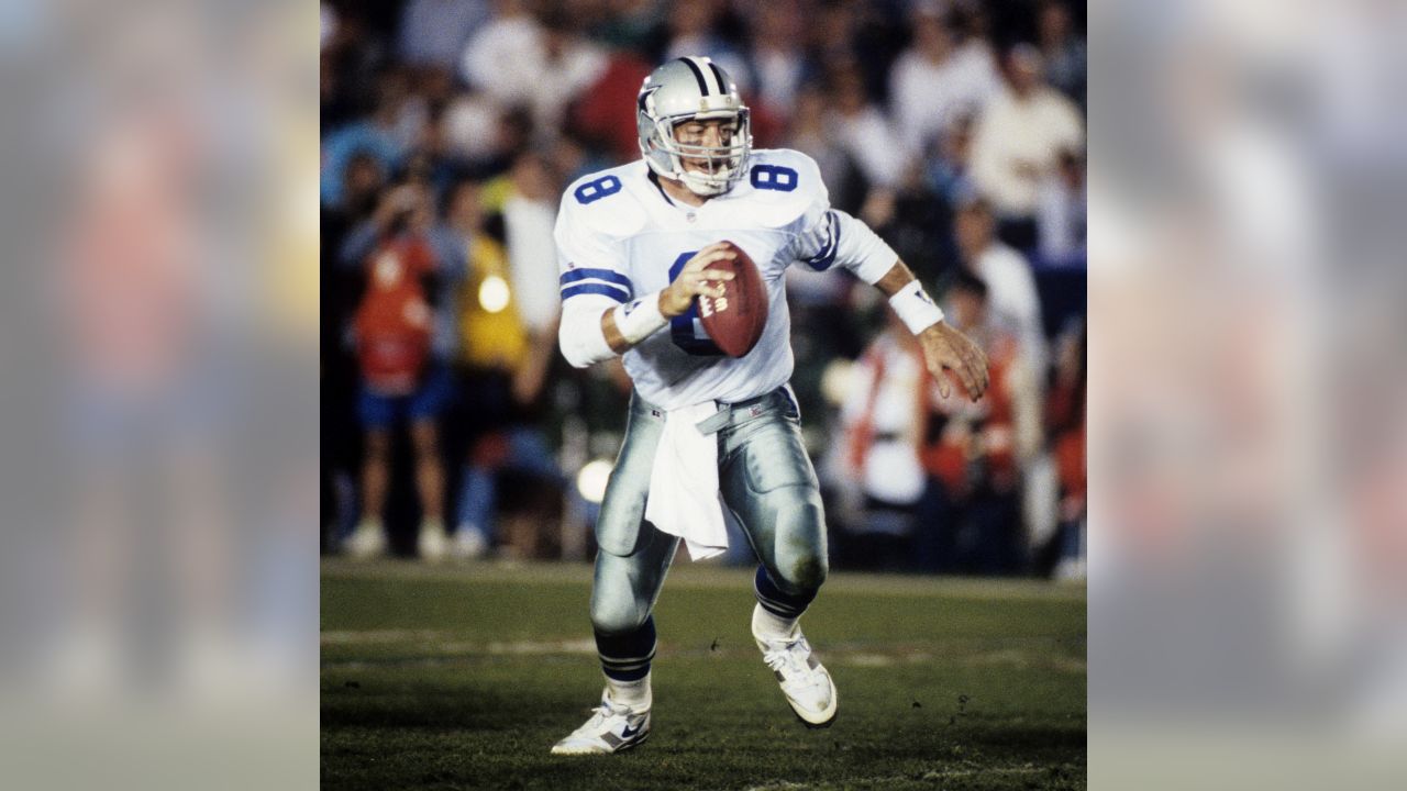 Buffalo Bills quarterback Jim Kelly (12) looks for an open receiver first  quarter action against the Dallas Cowboys at Super Bowl XXVIII in the  Georgia Dome, Sunday, Jan. 30, 1994. The Cowboys