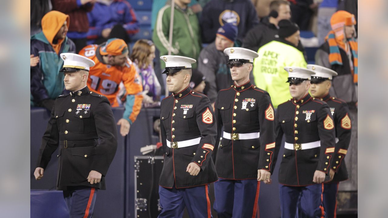 Salute to Service military appreciation logo is prominently displayed on  the goalpost during an NFL football game between the Tennessee Titans and  the Chicago Bears Sunday, Nov. 8, 2020, in Nashville, Tenn.