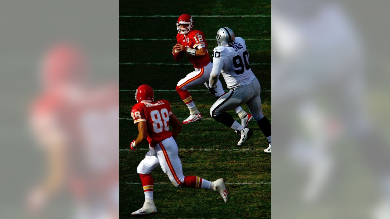 Baltimore Colt Ray May intercepts pass intended for Oakland Raider Raymond  Chester