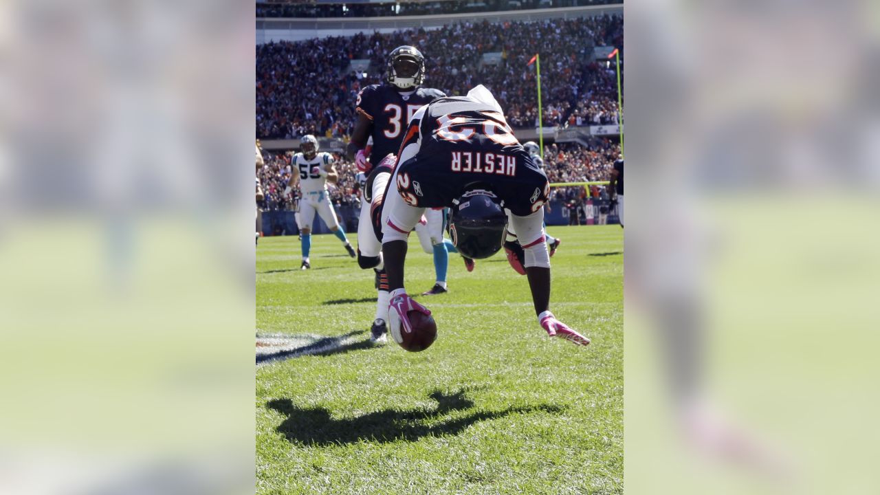 Carolina Panthers defensive end Charles Johnson (95) freacts to a play  against the Chicago Bears in the first half of an NFL football game in  Chicago, Sunday, Oct. 2, 2011. The Bears