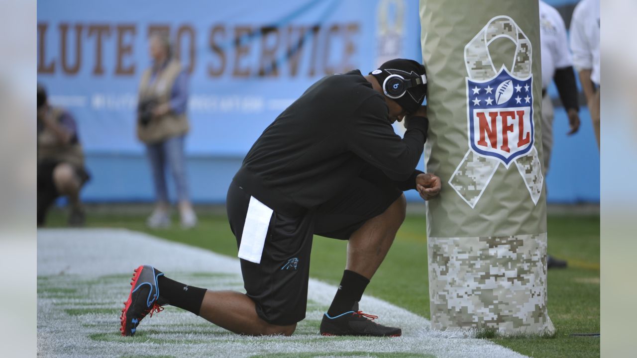 Salute to Service military appreciation logo is prominently displayed on  the goalpost during an NFL football game between the Tennessee Titans and  the Chicago Bears Sunday, Nov. 8, 2020, in Nashville, Tenn.