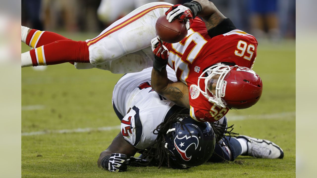 Kansas City Chiefs wide receiver Donnie Avery (17) runs Houston Texans  cornerback Brice McCain (21) during the first half of an NFL football game  against the Houston Texans at Arrowhead Stadium in