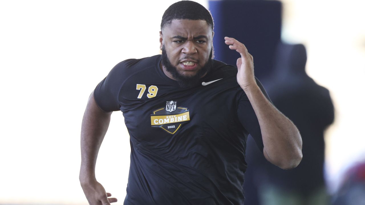 Delaware State wide receiver Trey Gross runs the 40 yard dash at the NFL HBCU  Combine at the University of South Alabama in Mobile, Ala. on Saturday,  Jan. 29, 2022. (Dan Anderson/AP