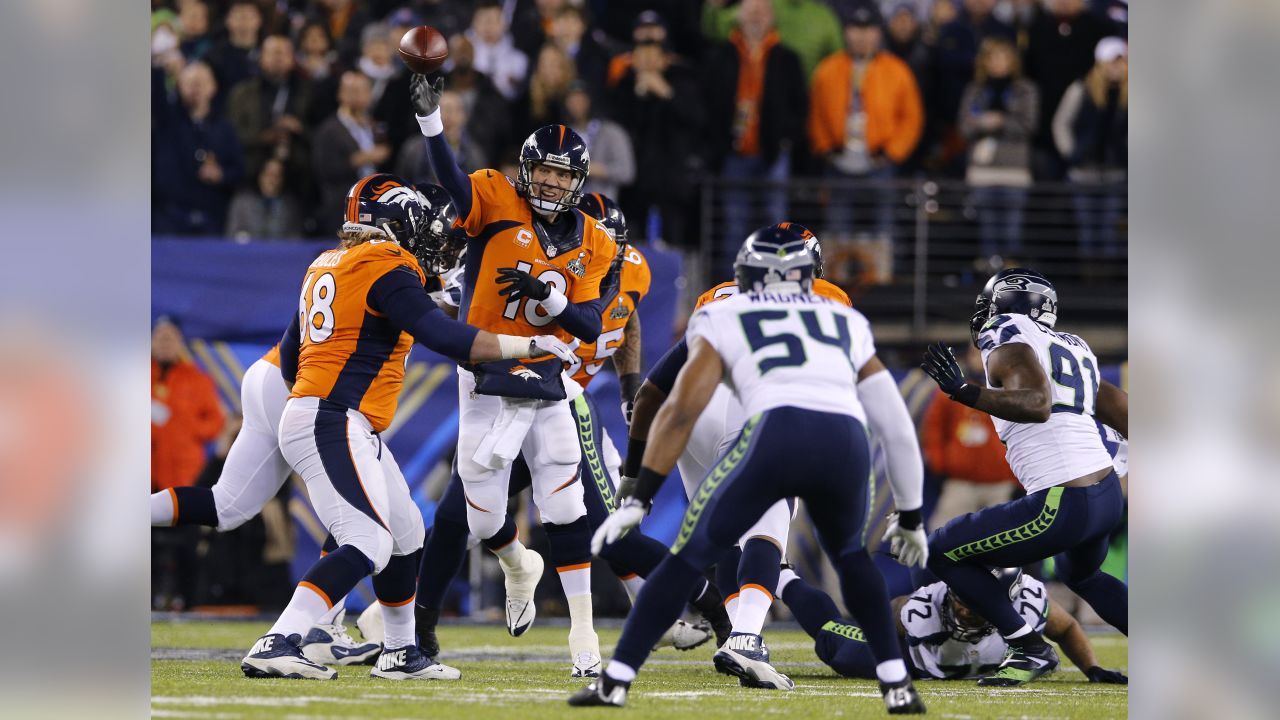 NO FILM, NO VIDEO, NO TV, NO DOCUMENTARY - Denver Broncos running back  Montee Ball (28) is stopped by the Seattle Seahawks in the second quarter  of Super Bowl XLVIII at MetLife