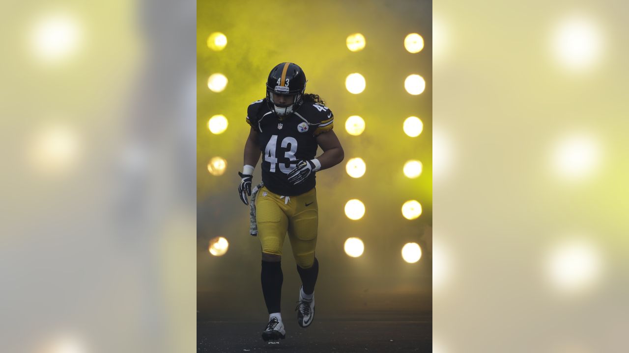 Pittsburgh Steelers strong safety Troy Polamalu (43) during a time-out in  the first quarter of an NFL football game against the Baltimore Ravens on  Sunday, Oct. 20, 2013, in Pittsburgh. The Steelers