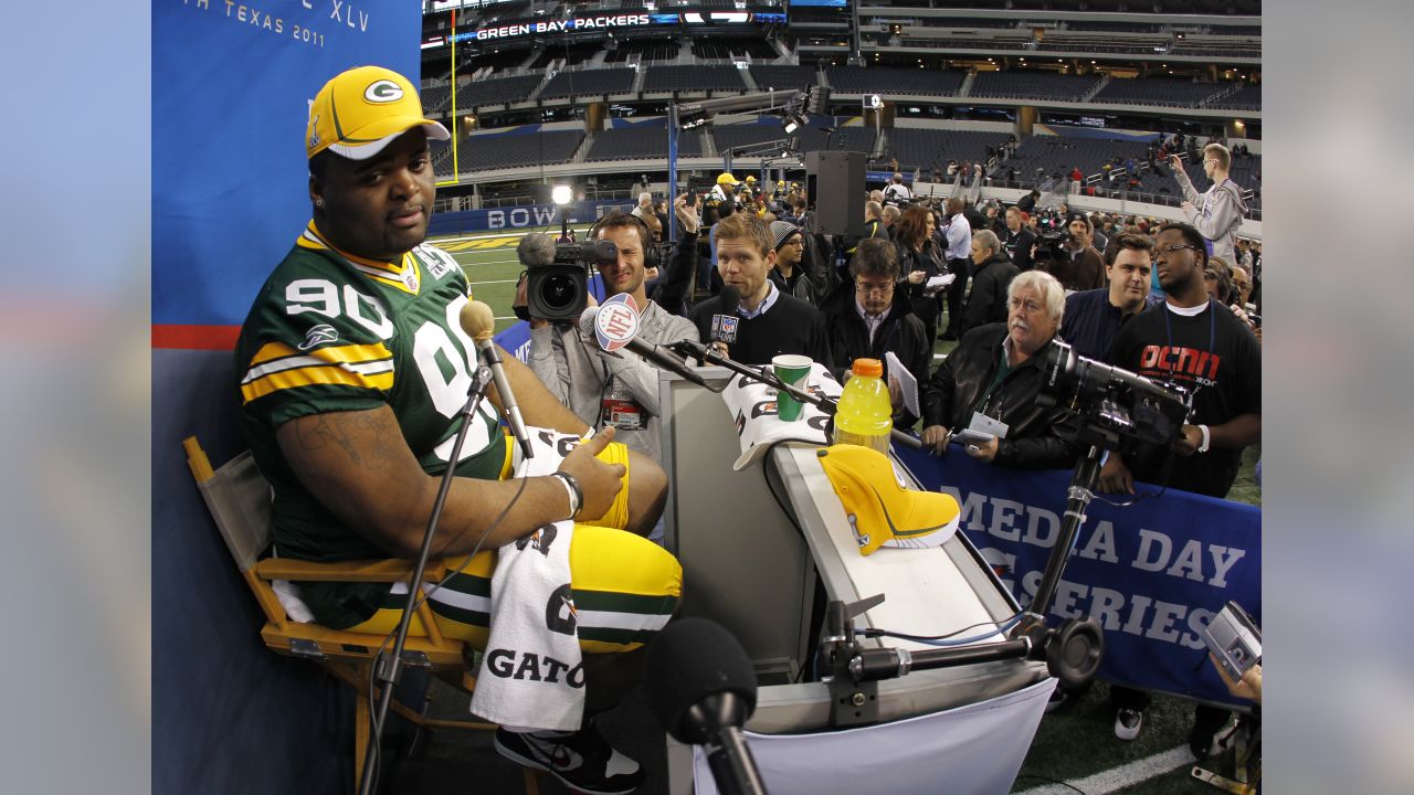 Green Bay Packers linebacker A.J. Hawk wears a Cheesehead hat during  Media Day for Super Bowl XLV in Arlington, Texas on February 1, 2011. The  Pittsburgh Steelers will take on the Green