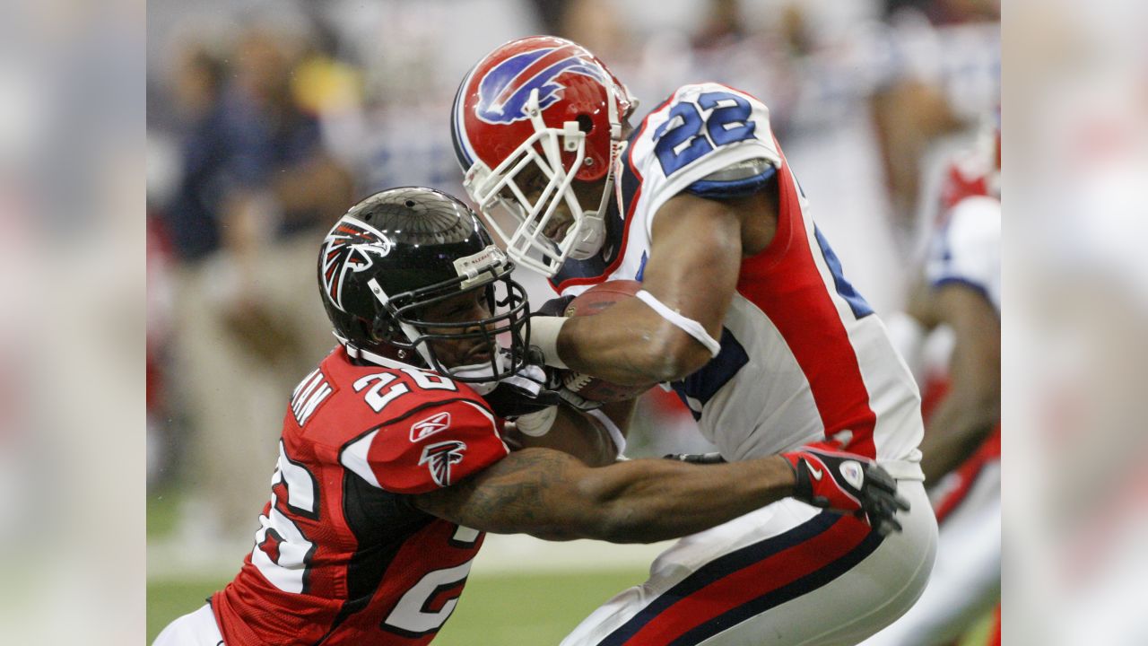 Atlanta Falcons wide receiver Marty Booker (80) reacts after scoring a  touchdown defended by Buffalo Bills cornerback Reggie Corner (27) during  the second half of an NFL football game, Sunday, Dec. 27