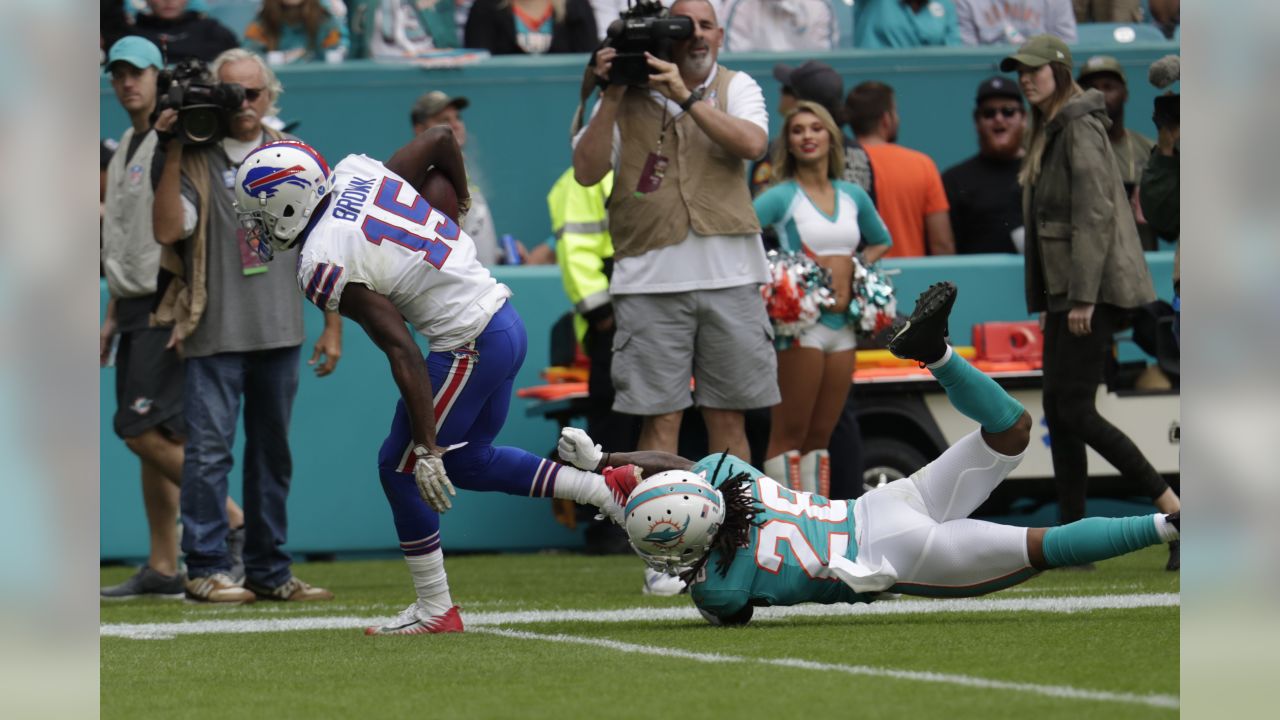 Buffalo Bills wide receiver John Brown (15) gestures after scoring a  touchdown, during the first half at an NFL football game against the Miami  Dolphins, Sunday, Nov. 17, 2019, in Miami Gardens