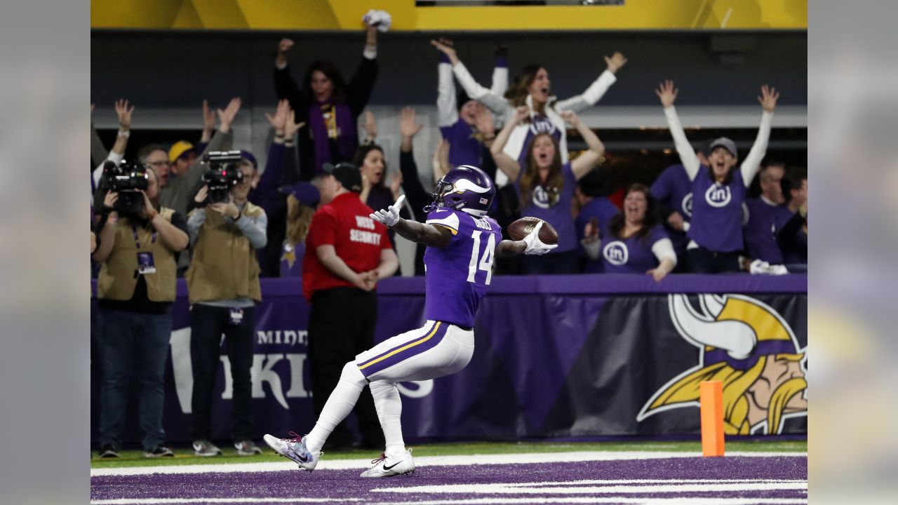 Minnesota Vikings wide receiver Stefon Diggs reacts after scoring the game  winning touchdown against the New Orleans Saints in the second half of the  NFC Divisional round playoff game at U.S. Bank