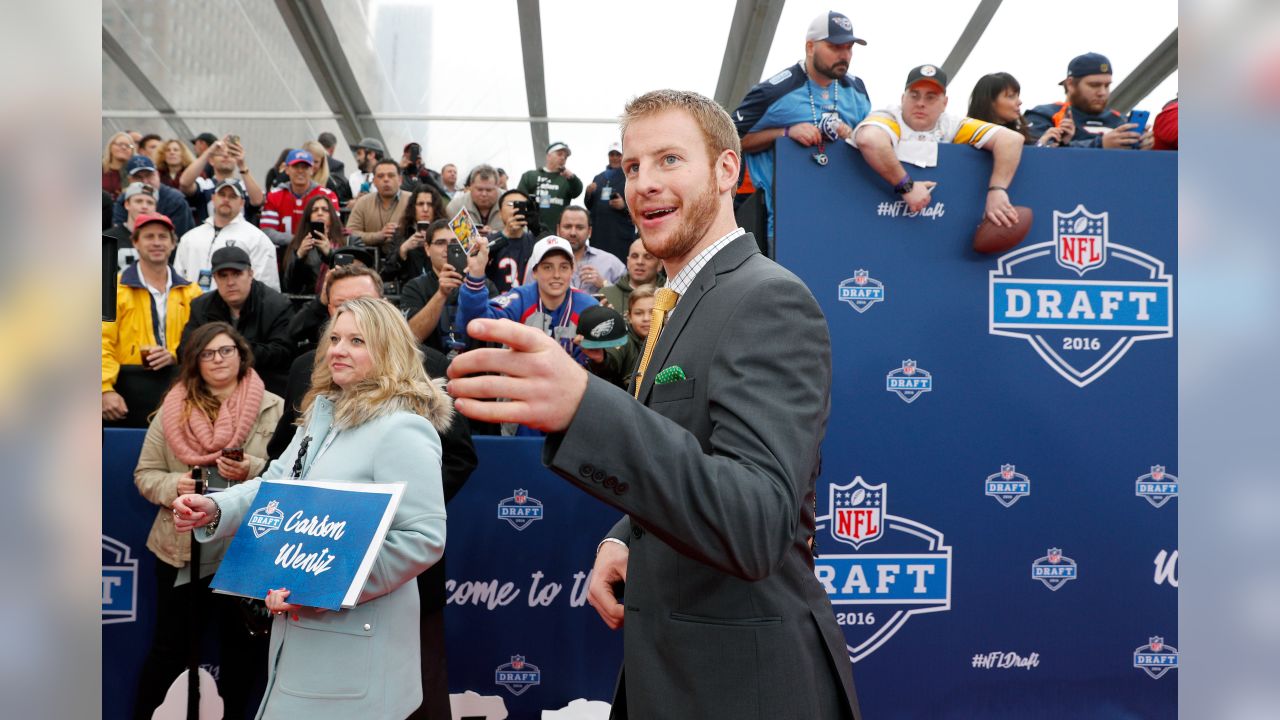 North Dakota State quarterback Carson Wentz holds his jersey after being  selected by the Philadelphia Eagles with the second overall pick in the  2016 NFL Draft on April 28, 2016 in Chicago.