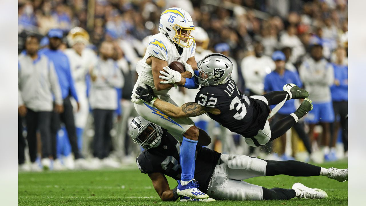 Las Vegas Raiders defensive back Dallin Leavitt (32) tackles