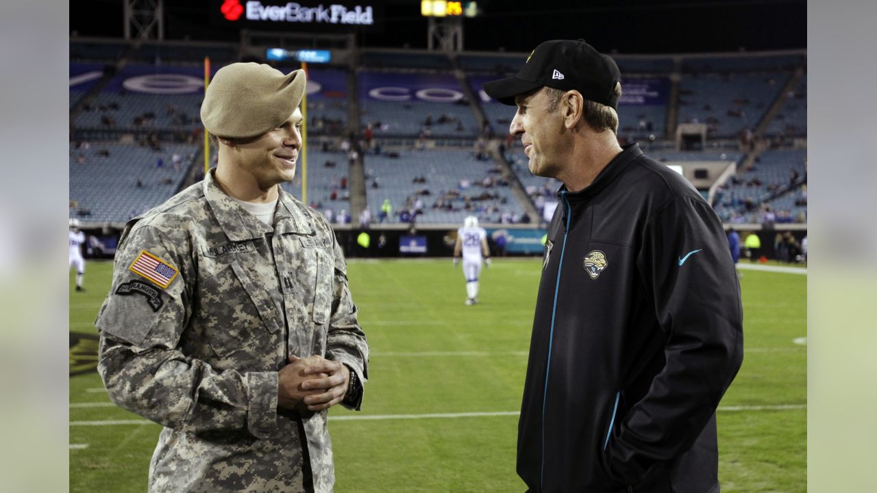 Salute to Service military appreciation logo is prominently displayed on  the goalpost during an NFL football game between the Tennessee Titans and  the Chicago Bears Sunday, Nov. 8, 2020, in Nashville, Tenn.