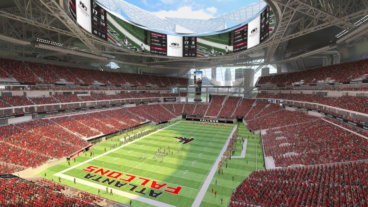 A general overall interior view of Mercedes-Benz Stadium as the Atlanta  Falcons take on the Green Bay Packers during an NFL football game, Sunday,  Sep. 17, 2023, in Atlanta. The Atlanta Falcons