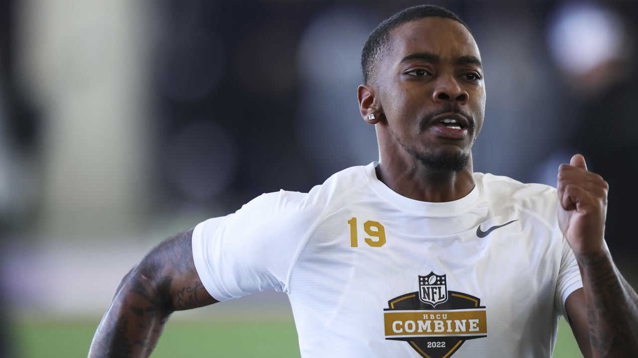 Bethune-Cookman offensive tackle Jamal Savage runs the 40-yard dash at the  NFL HBCU Combine at the University of South Alabama in Mobile, Ala. on  Saturday, Jan. 29, 2022. (Dan Anderson/AP Images for