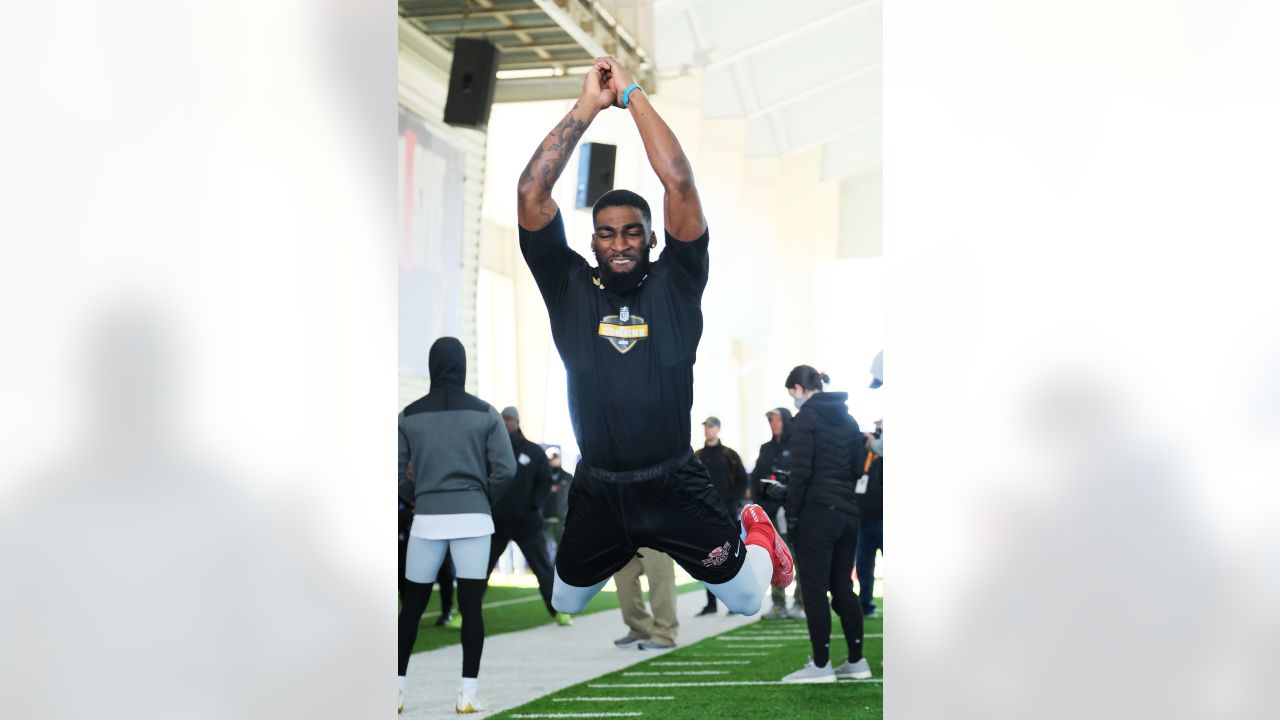 Delaware State wide receiver Trey Gross runs the 40 yard dash at the NFL HBCU  Combine at the University of South Alabama in Mobile, Ala. on Saturday,  Jan. 29, 2022. (Dan Anderson/AP