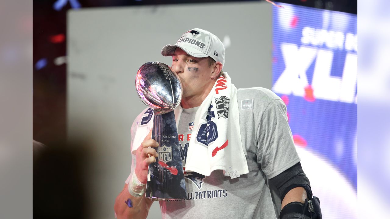 New England Patriots tight end Ron Gronkowski arrives on the field for  media day prior to Super Bowl XLVI in Indianapolis on January 31, 2012.  This is Gronkowski's first day without wearing