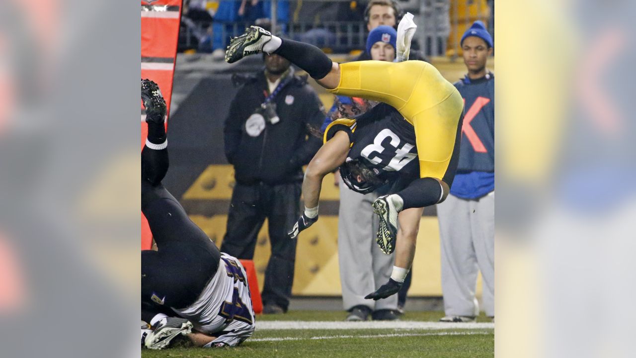 Pittsburgh Steelers Strong Safety Troy Polamalu (43) tackles Miami