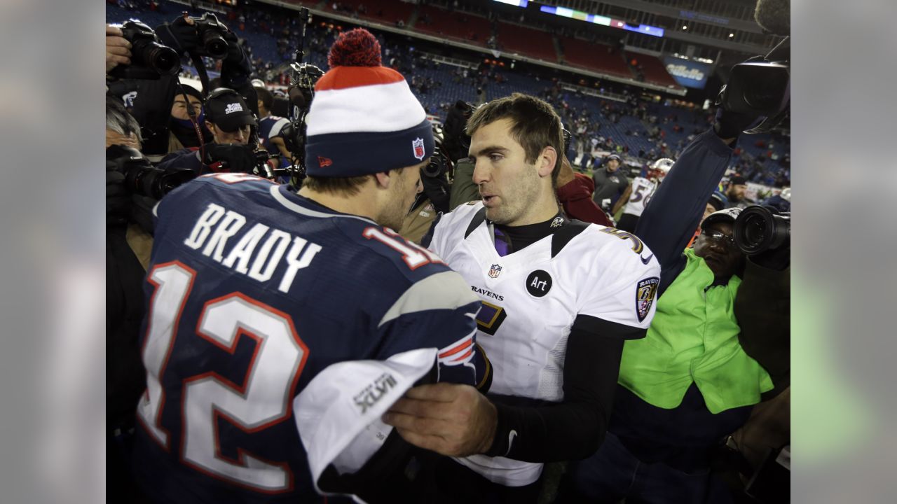 Baltimore Ravens Joe Flacco throws a pass in the fourth quarter against the  New England Patriots in the AFC Championship Game at Gillette Stadium in  Foxboro Massachusetts on January 22, 2012. The