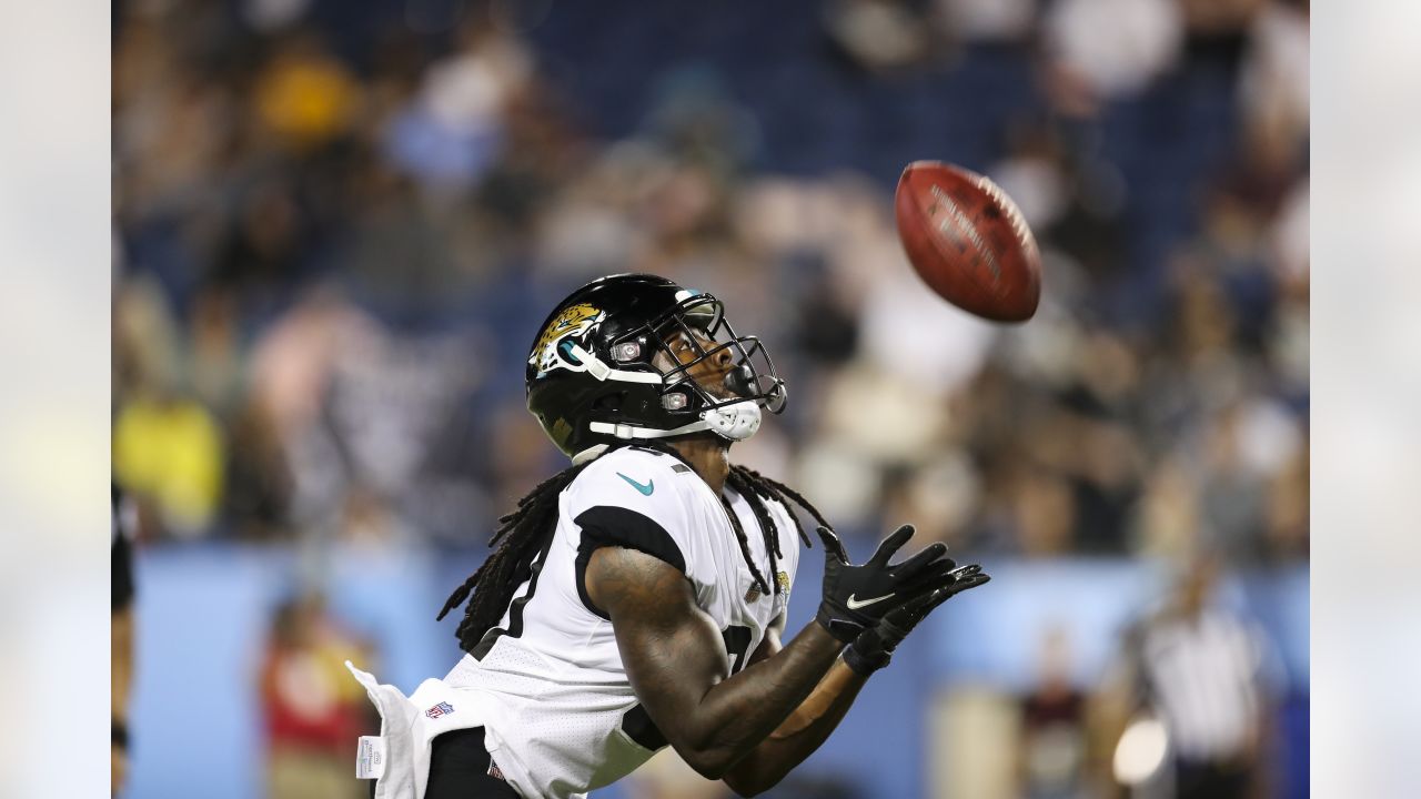 Jacksonville Jaguars wide receiver Willie Johnson (81) heads for the end  zone for a touchdown during the second half of the NFL football exhibition  Hall of Fame Game against the Las Vegas