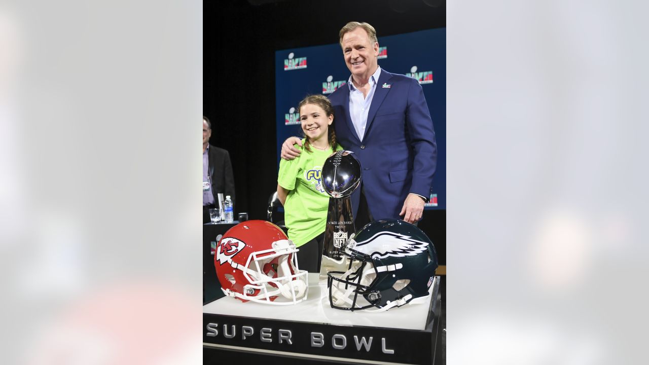 Phoenix, USA. 08th Feb, 2023. The Vince Lombardi trophy and helmets for the  Chiefs and Eagles sit on a display ahead of Commissioner Roger Goodell's  Super Bowl LVII press conference at the