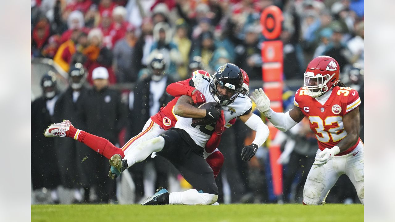 Jacksonville Jaguars cornerback Tyson Campbell during the first half of an  NFL divisional round playoff football game against the Kansas City Chiefs,  Saturday, Jan. 21, 2023 in Kansas City, Mo. (AP Photo/Reed